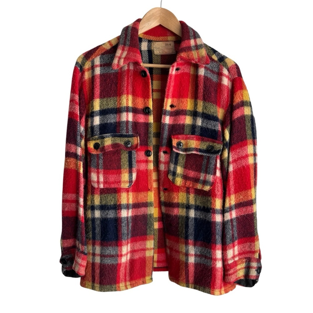 Vintage 60s 70s Wool Blend Shacket Sz S Red Blue Plaid Fuzzy Button Down Jacket